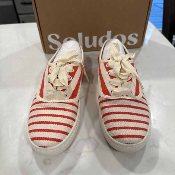 Soludos Marin Striped Sneaker Poppy Red Size 7 Woven Lace Up Ortholite Footbed - Picture 1 of 11